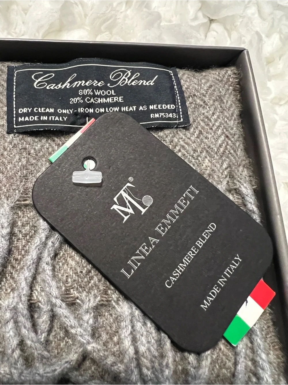 Linea Emmeti Cashmere Wool Blend Gray Scarf Men’s 12” X 71” Made in Italy